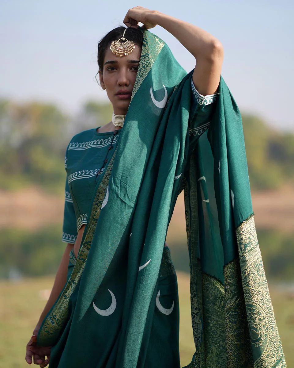 Bansari Blockprinted Dola Silk Saree - RB - Image 3