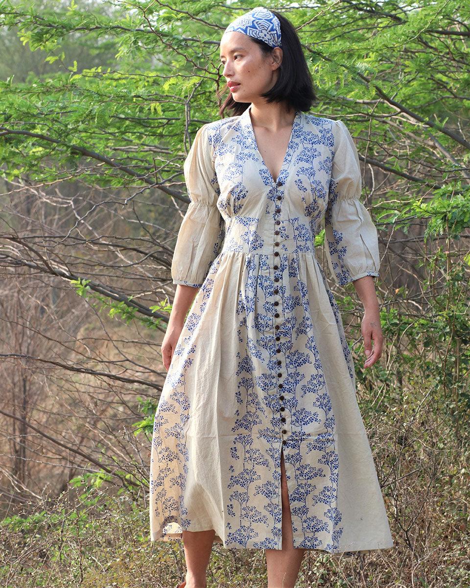 Beige Blue Blockprinted Bel Cotton Dress - Image 4