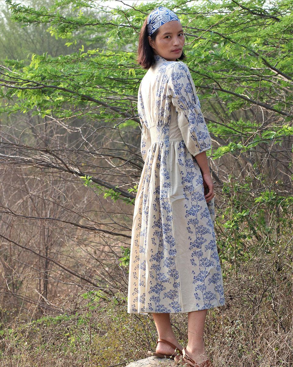 Beige Blue Blockprinted Bel Cotton Dress - Image 5