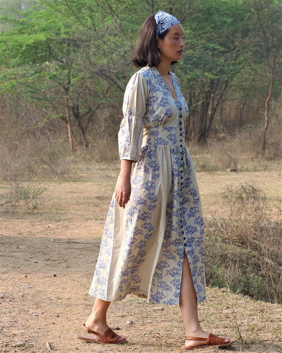 Beige Blue Blockprinted Bel Cotton Dress - Image 7