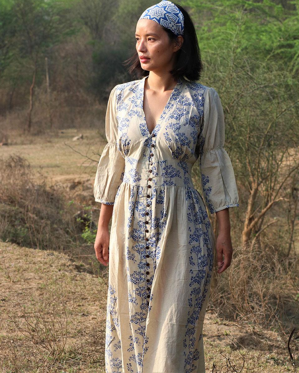 Beige Blue Blockprinted Bel Cotton Dress - Image 8