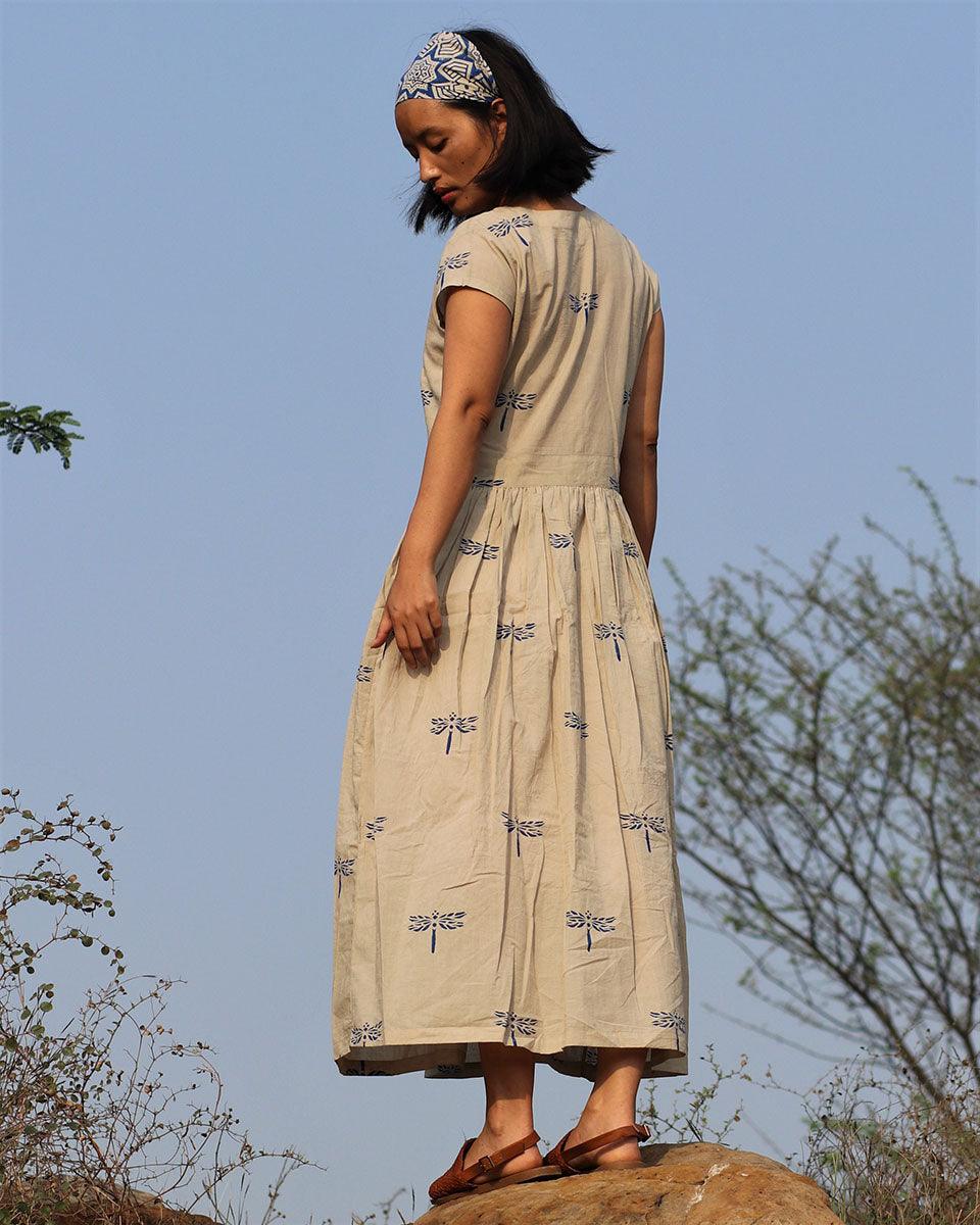 Beige Blue Blockprinted Dragonfly Cotton Dress - Image 4