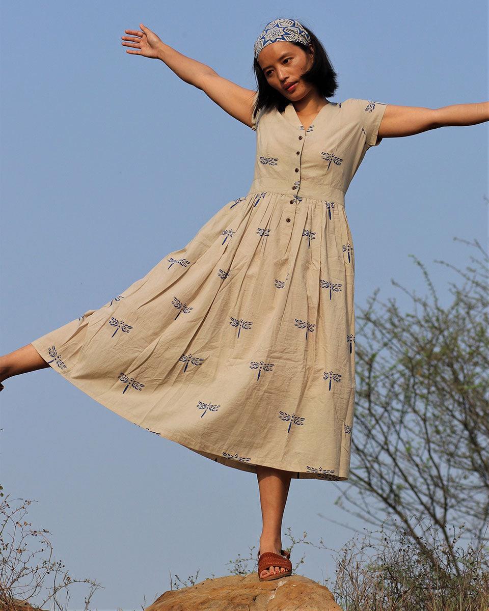 Beige Blue Blockprinted Dragonfly Cotton Dress - Image 5