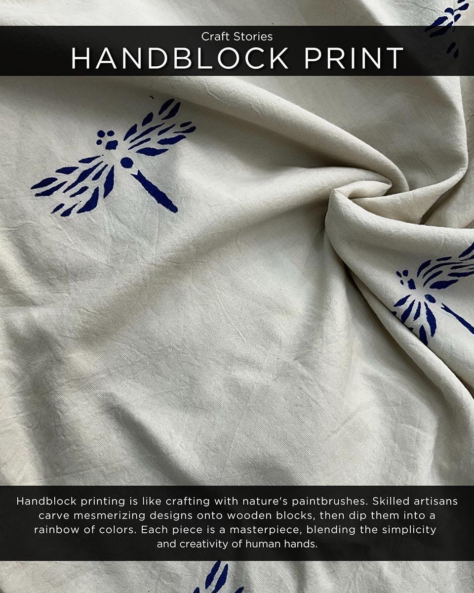 Beige Blue Blockprinted Dragonfly Sleeveless Cotton Dress - Image 3