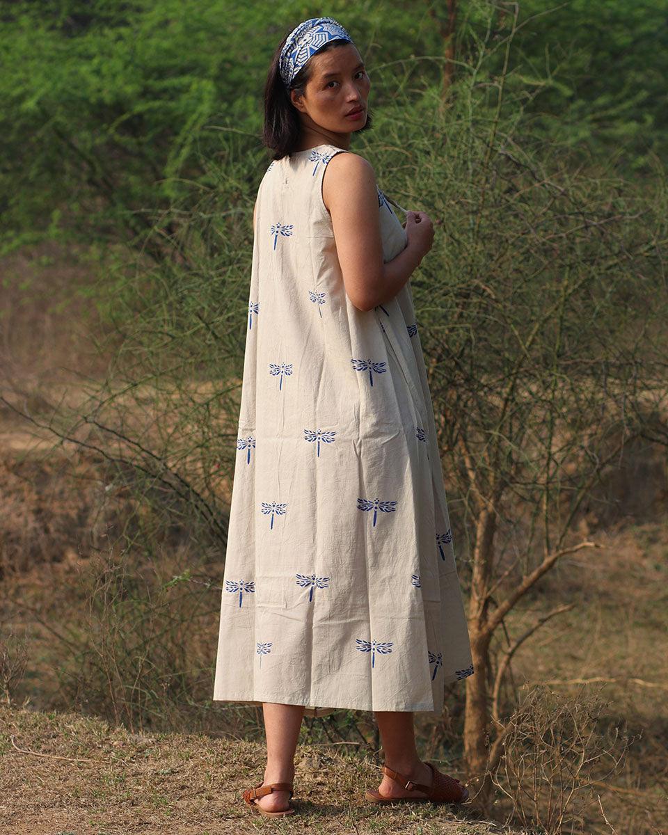Beige Blue Blockprinted Dragonfly Sleeveless Cotton Dress - Image 6