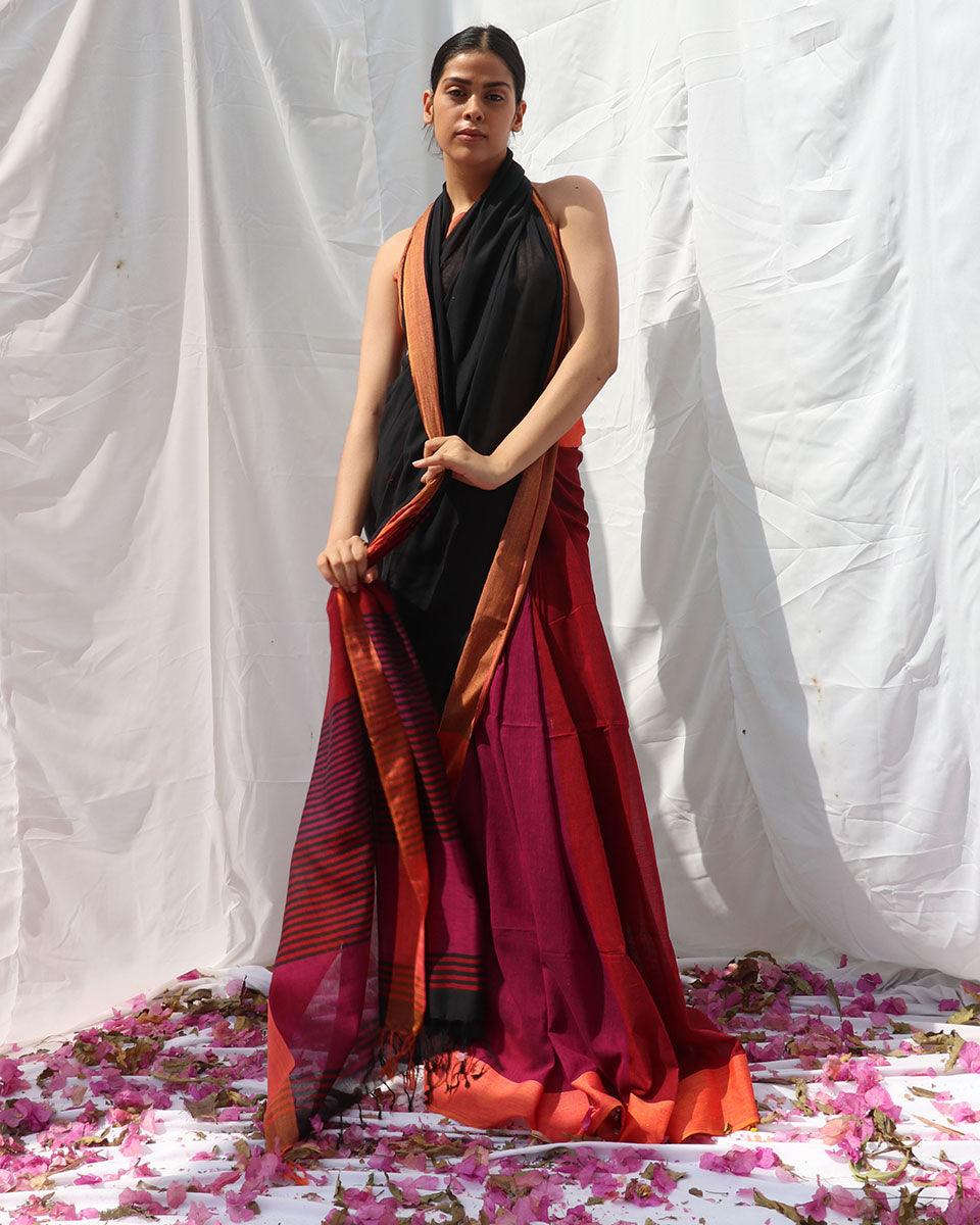 Belladonna Black Pink Handwoven Cotton Saree - LIDD - Image 10