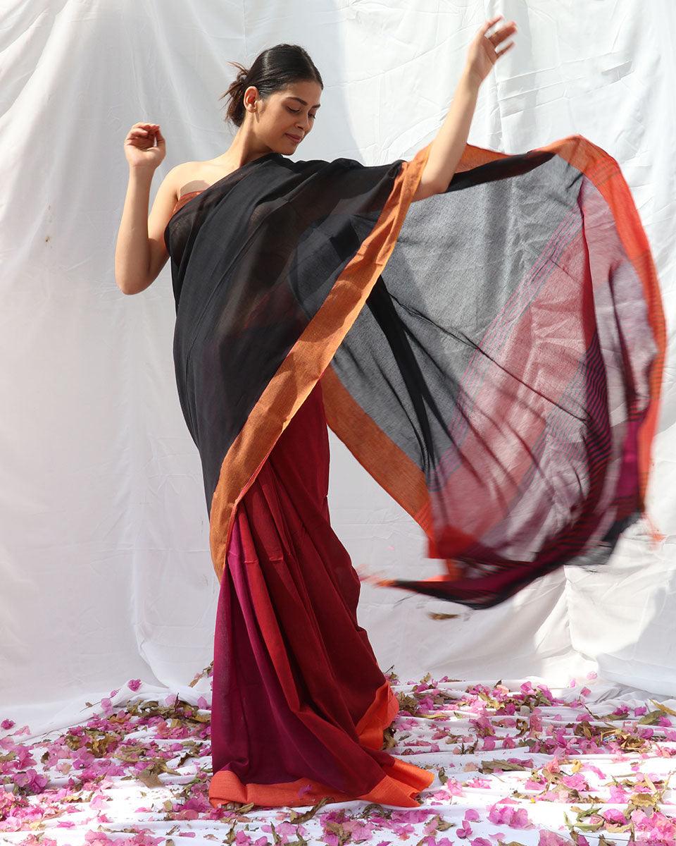 Belladonna Black Pink Handwoven Cotton Saree - LIDD - Image 2