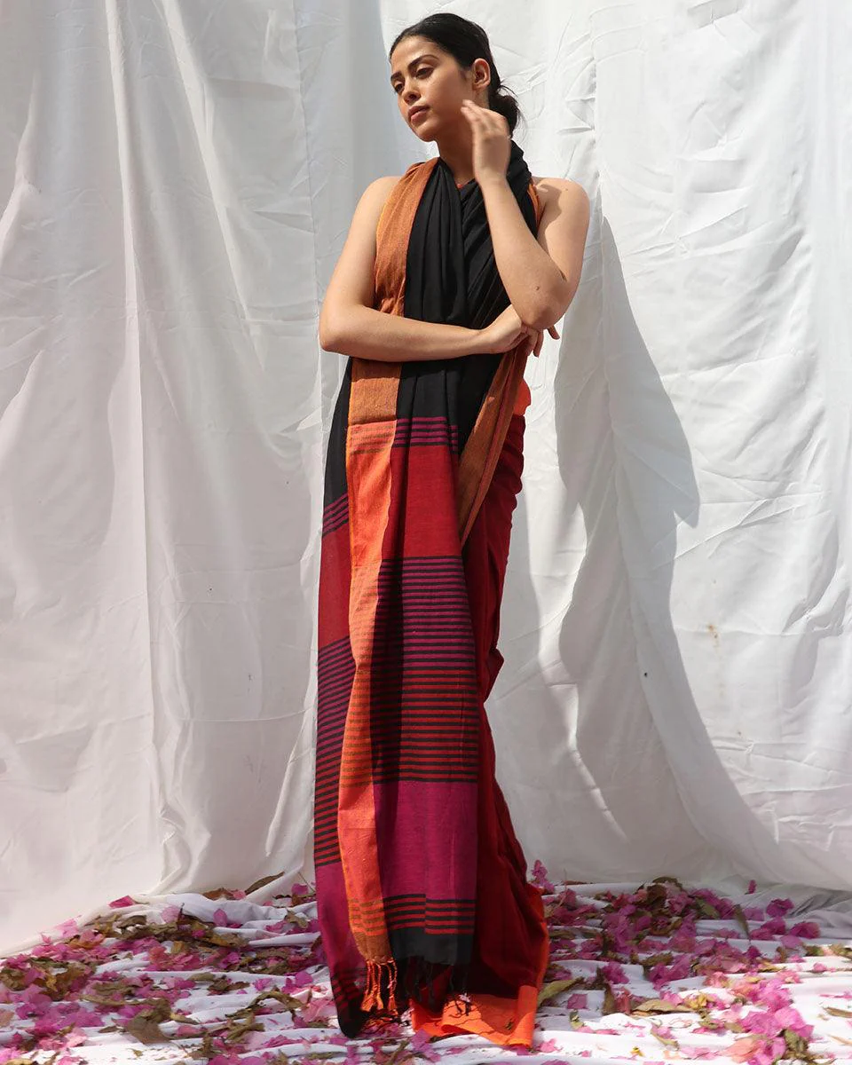 Belladonna Black Pink Handwoven Cotton Saree - LIDD - Image 8