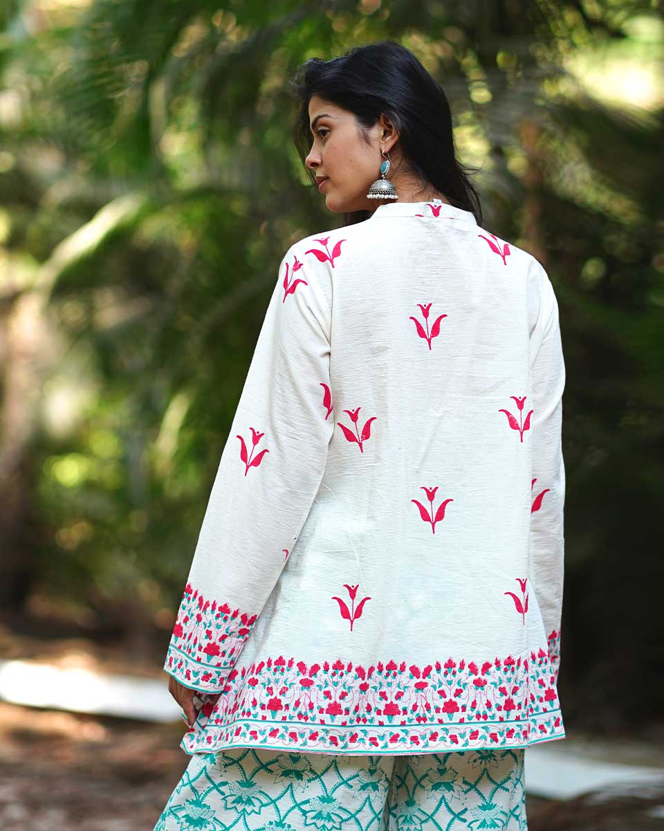 Bellflowerâ€™s Bloom Ivory Handblock Kurti - MMG - Image 5