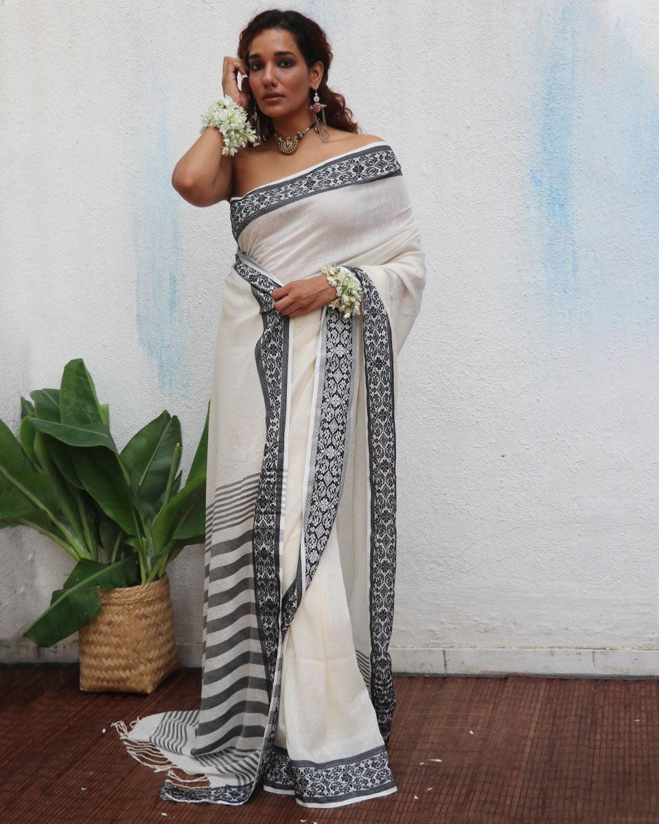 Bhavani Ivory Handwoven Linen Cotton Jamdani Saree - Uma