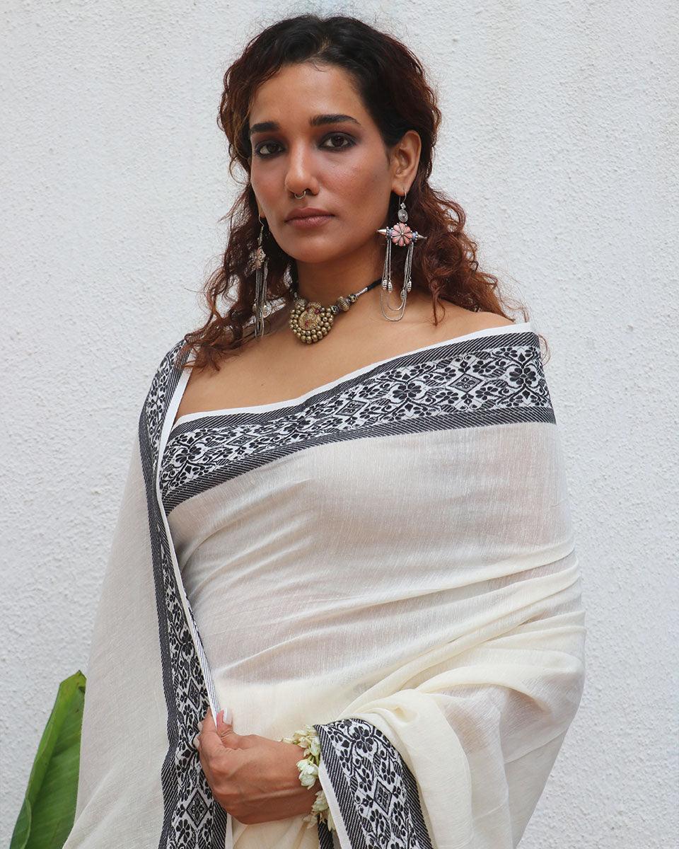 Bhavani Ivory Handwoven Linen Cotton Jamdani Saree - Uma - Image 4
