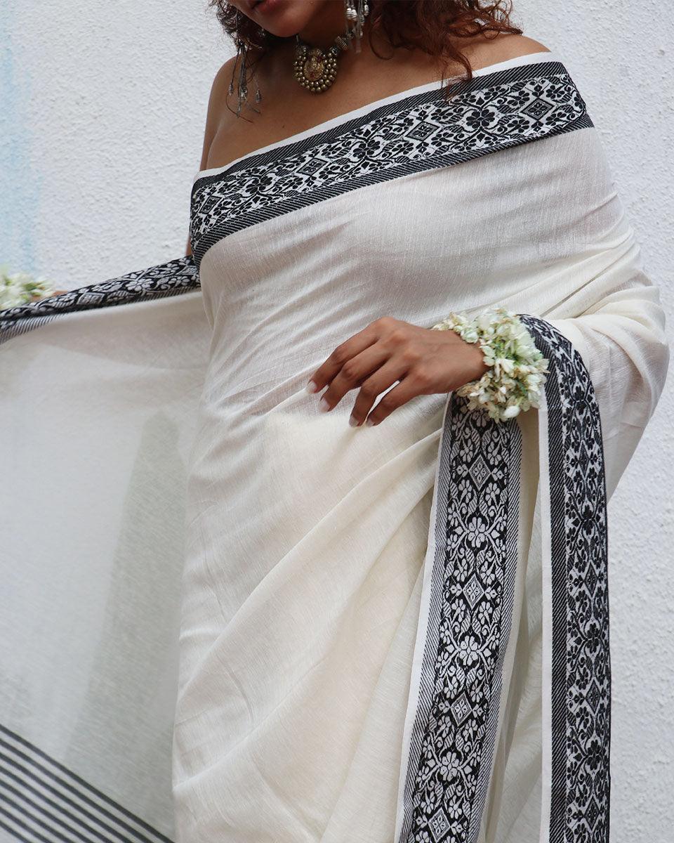 Bhavani Ivory Handwoven Linen Cotton Jamdani Saree - Uma - Image 5