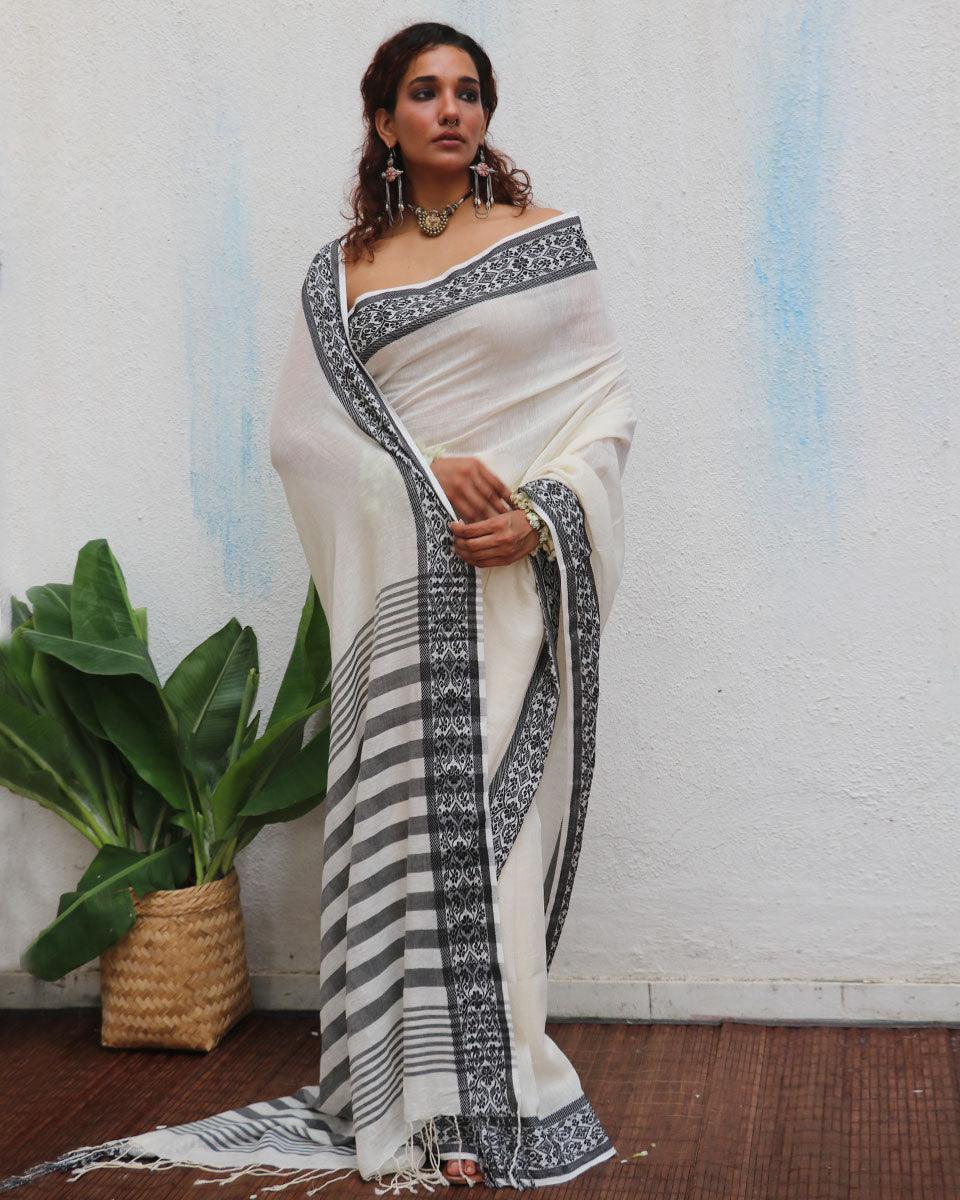 Bhavani Ivory Handwoven Linen Cotton Jamdani Saree - Uma - Image 6