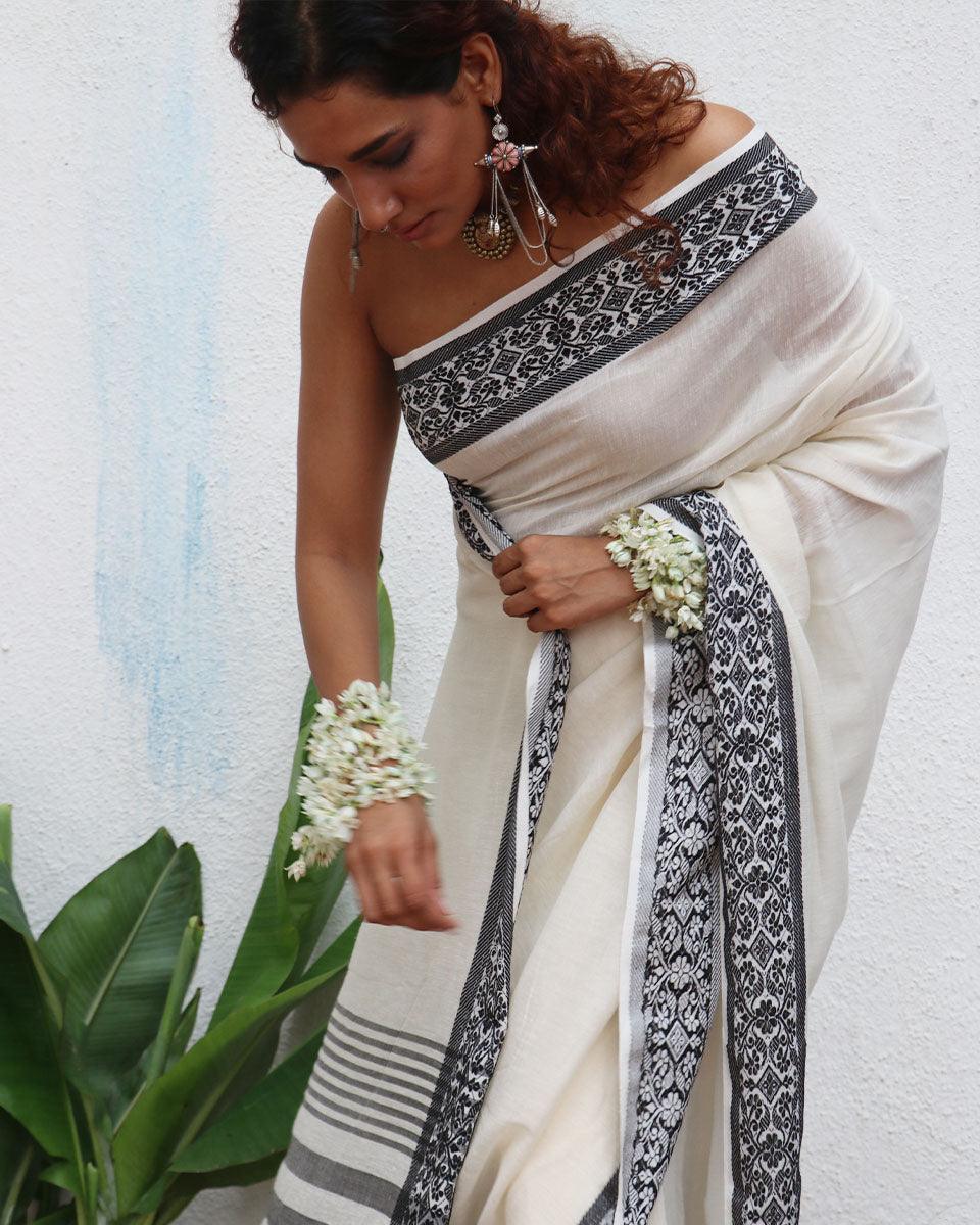 Bhavani Ivory Handwoven Linen Cotton Jamdani Saree - Uma - Image 7