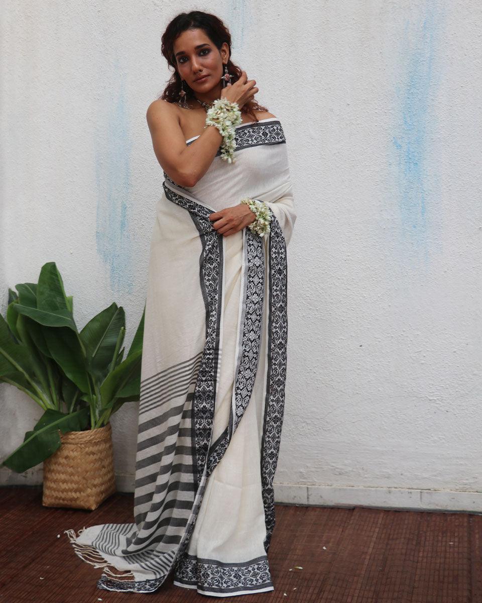 Bhavani Ivory Handwoven Linen Cotton Jamdani Saree - Uma - Image 8