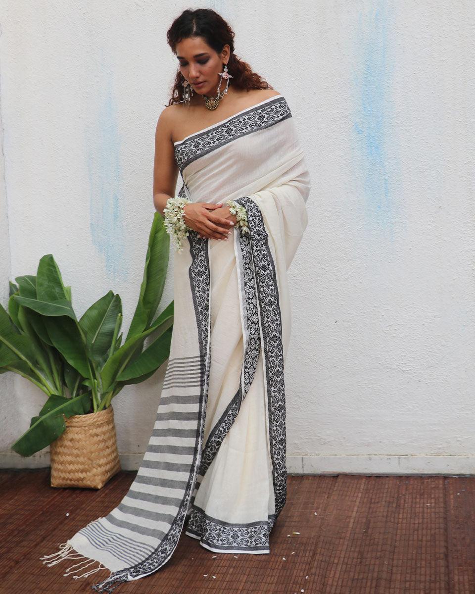 Bhavani Ivory Handwoven Linen Cotton Jamdani Saree - Uma - Image 9