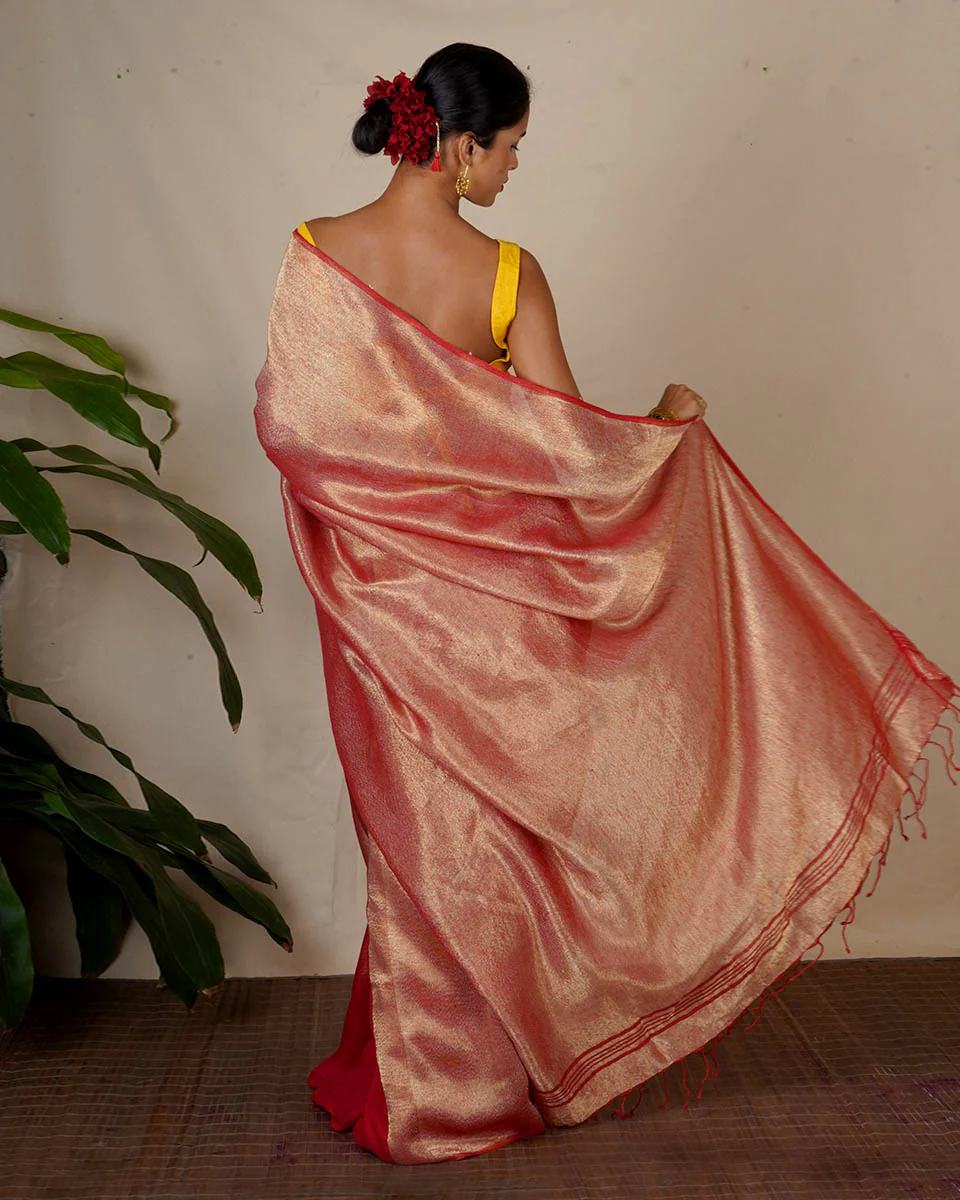Bibha Orange Handwoven Linen Zari Saree - Eknoor - Image 6