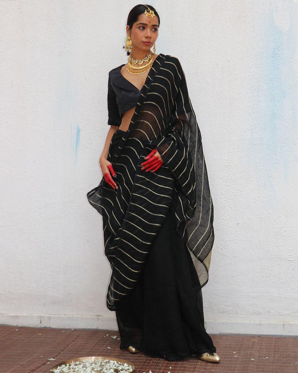 Binodini Handwoven Linen Zari Saree - Image 4