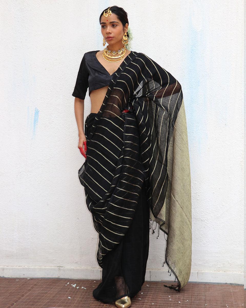 Binodini Handwoven Linen Zari Saree - Image 6