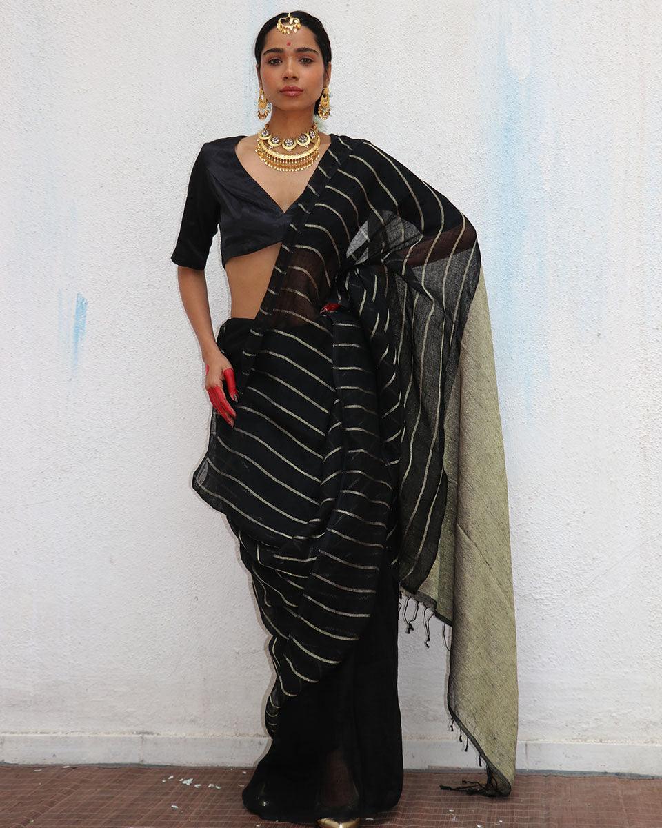 Binodini Handwoven Linen Zari Saree - Image 7