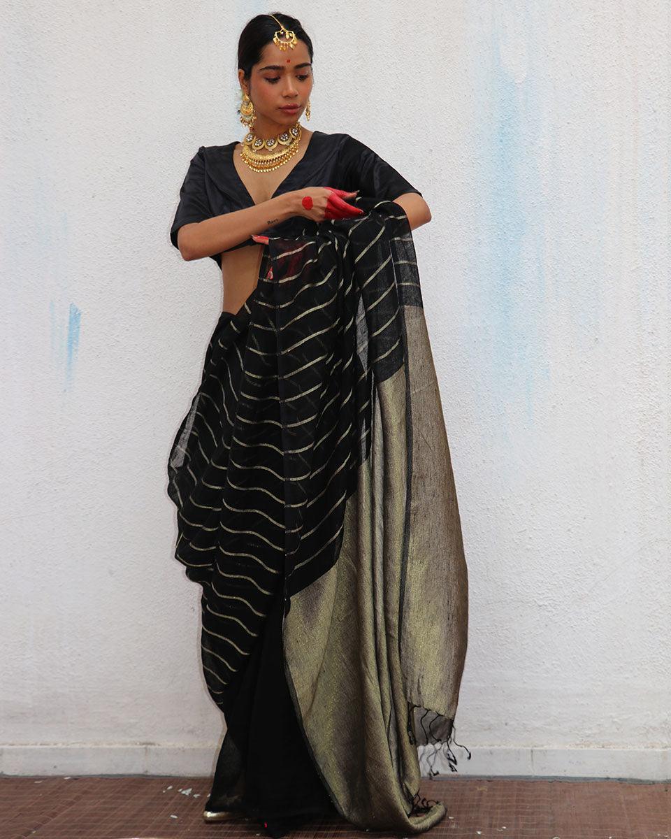 Binodini Handwoven Linen Zari Saree - Image 9