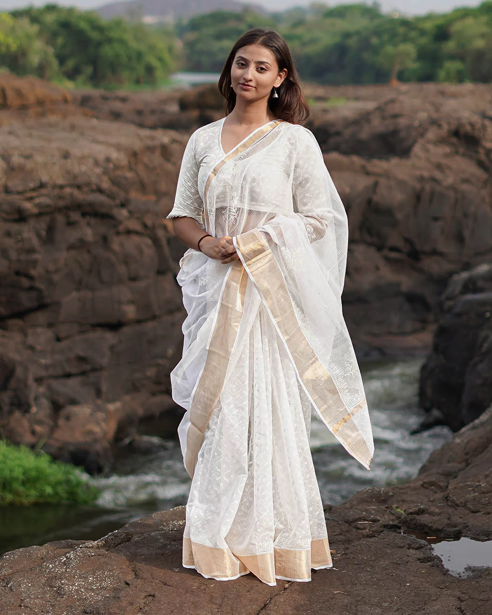 Birch Moon Kota Doria Ivory Block Printed Saree - SFD