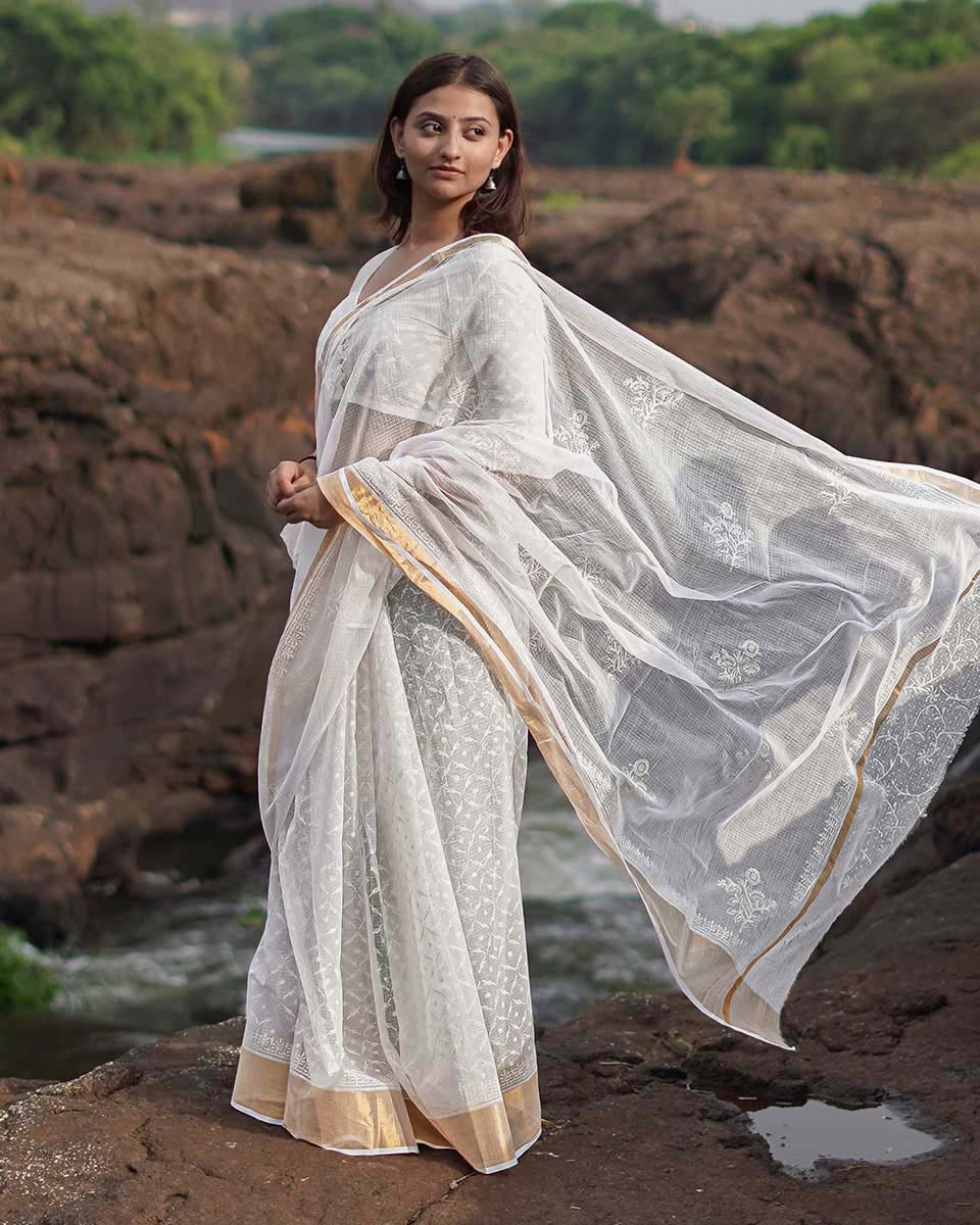 Birch Moon Kota Doria Ivory Block Printed Saree - SFD - Image 2