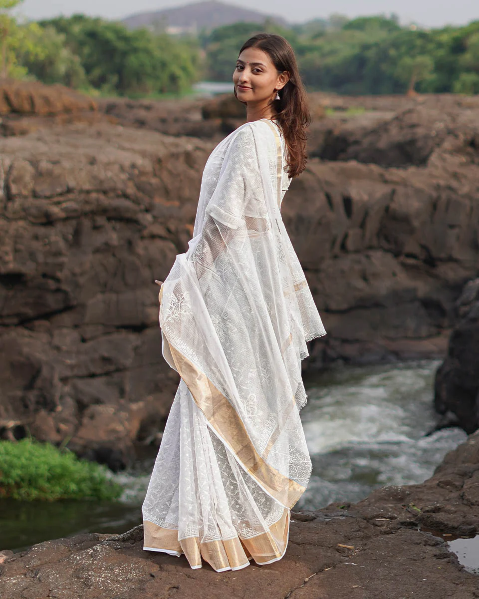 Birch Moon Kota Doria Ivory Block Printed Saree - SFD - Image 4