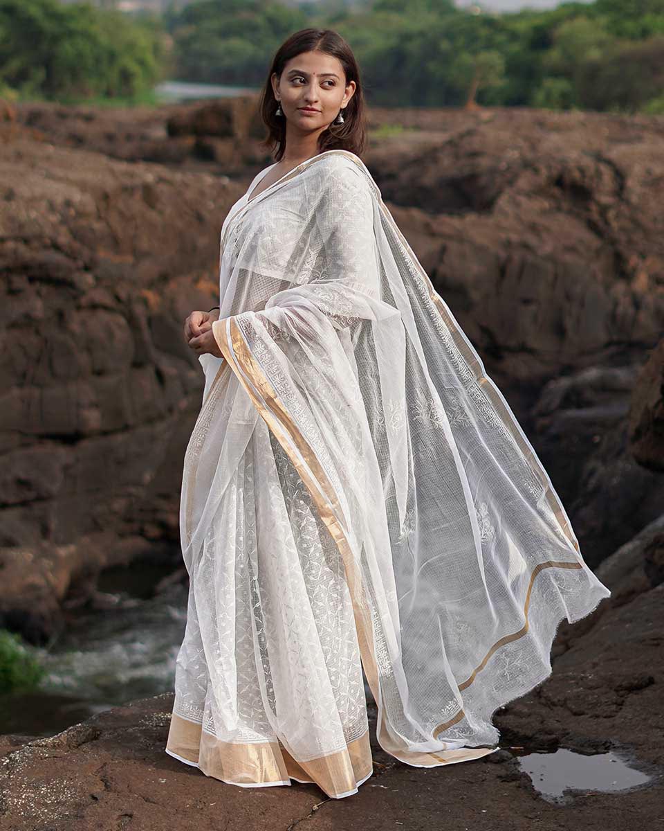 Birch Moon Kota Doria Ivory Block Printed Saree - SFD - Image 5