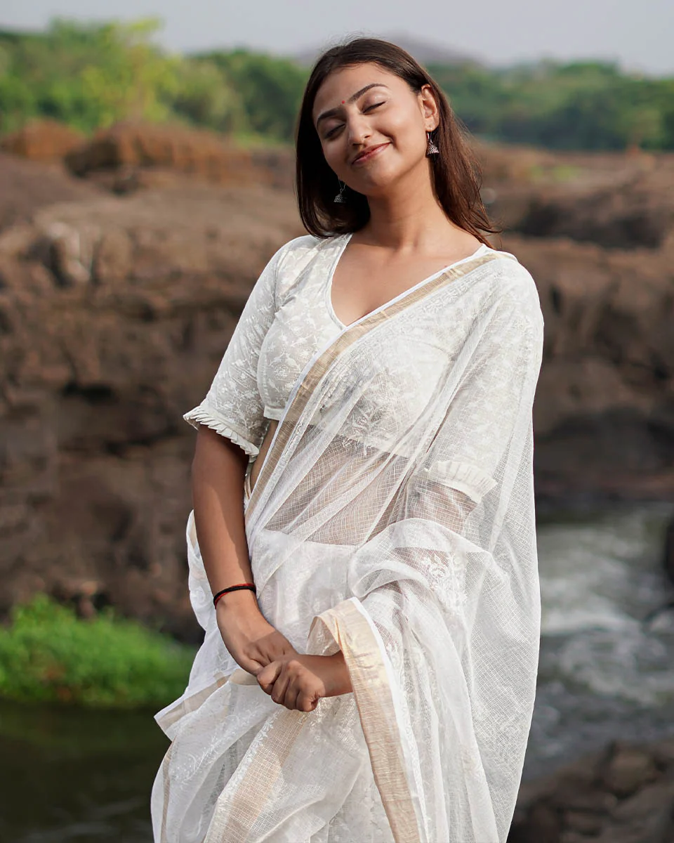 Birch Moon Kota Doria Ivory Block Printed Saree - SFD - Image 6