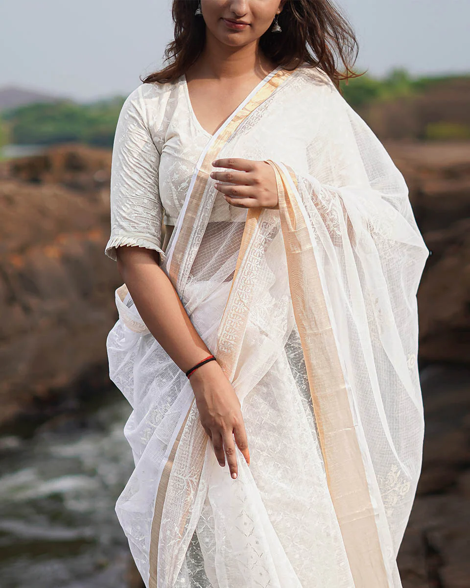 Birch Moon Kota Doria Ivory Block Printed Saree - SFD - Image 7