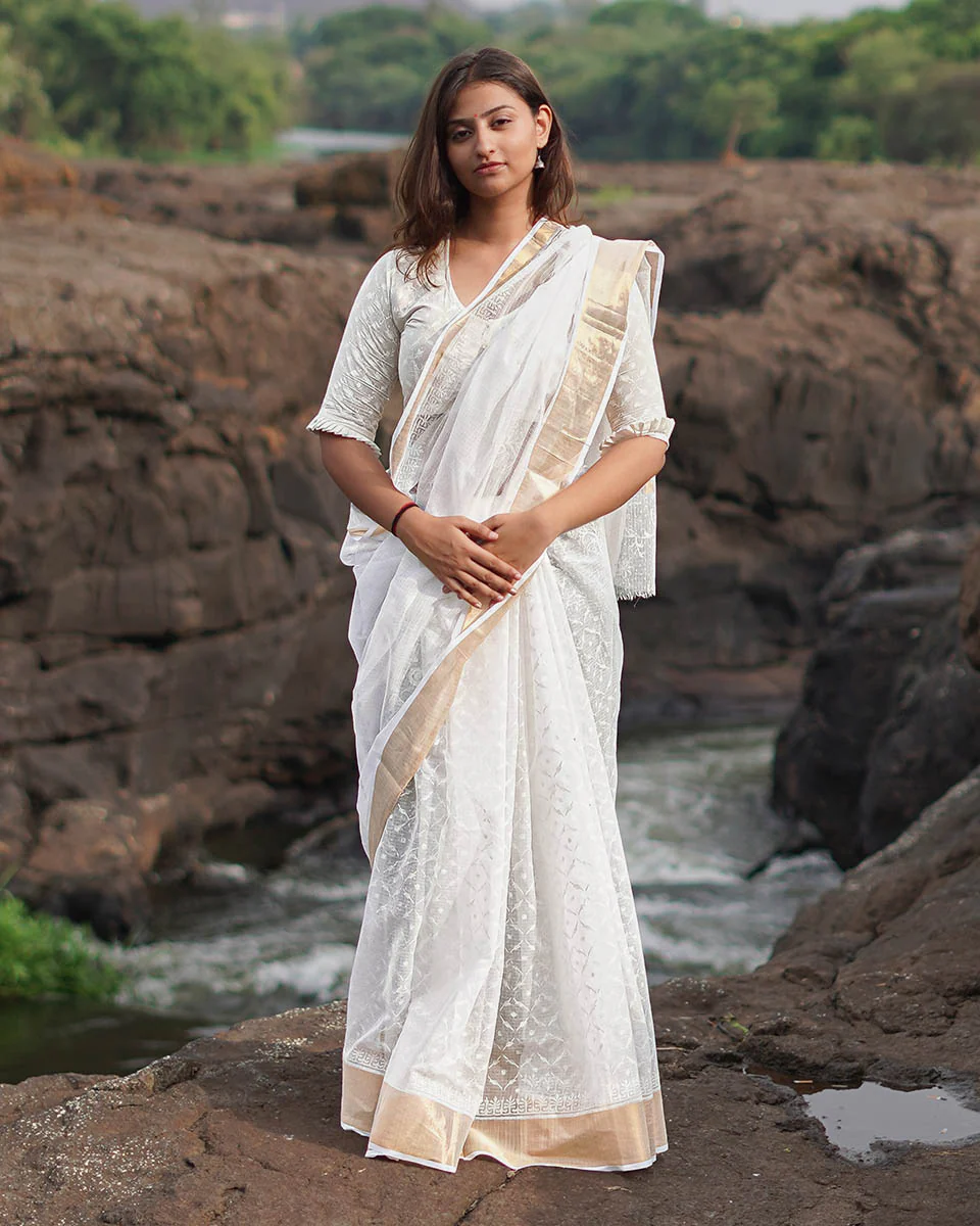 Birch Moon Kota Doria Ivory Block Printed Saree - SFD - Image 8