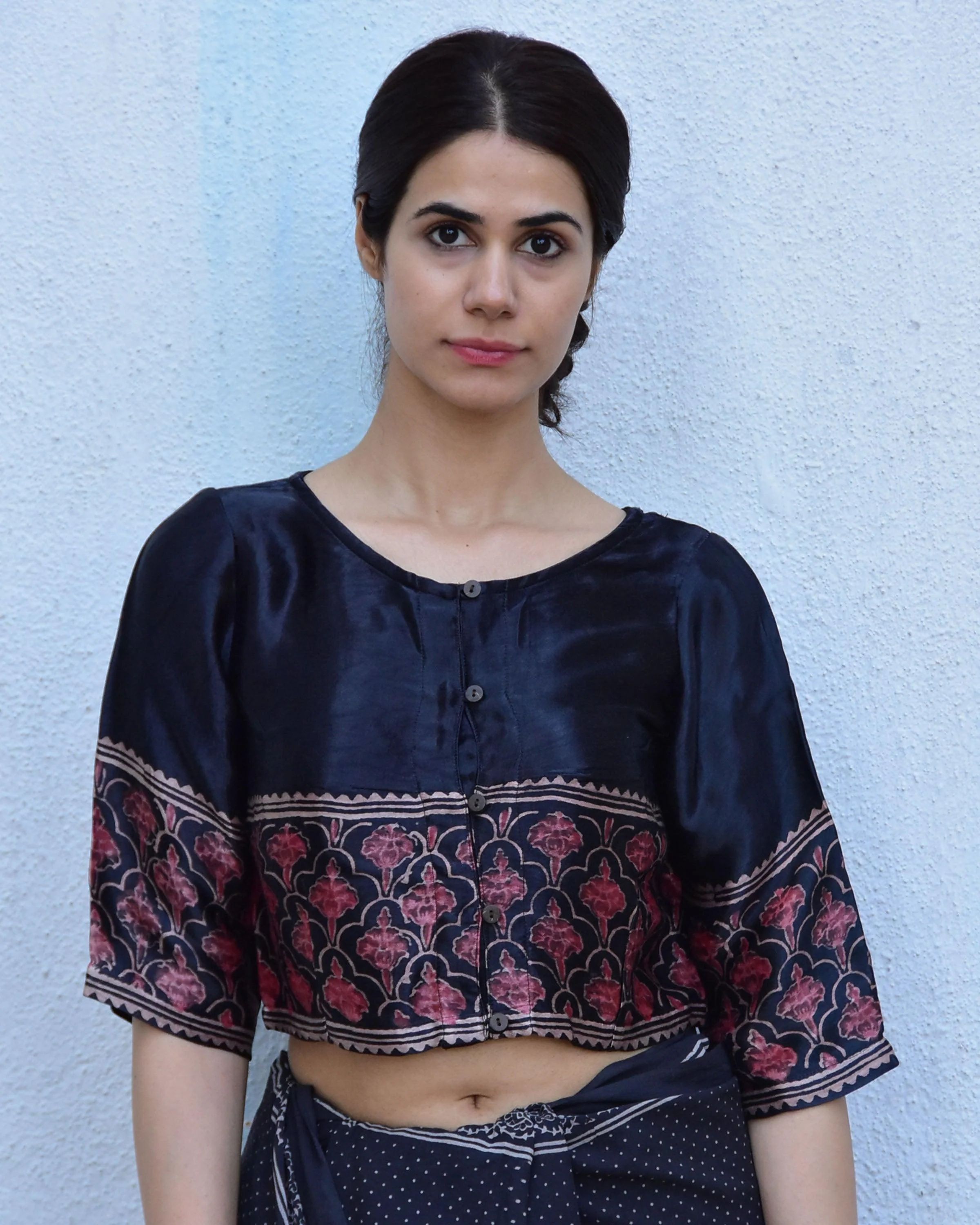 Black Blockprinted Crop Top Mashru Silk Blouse - Image 8