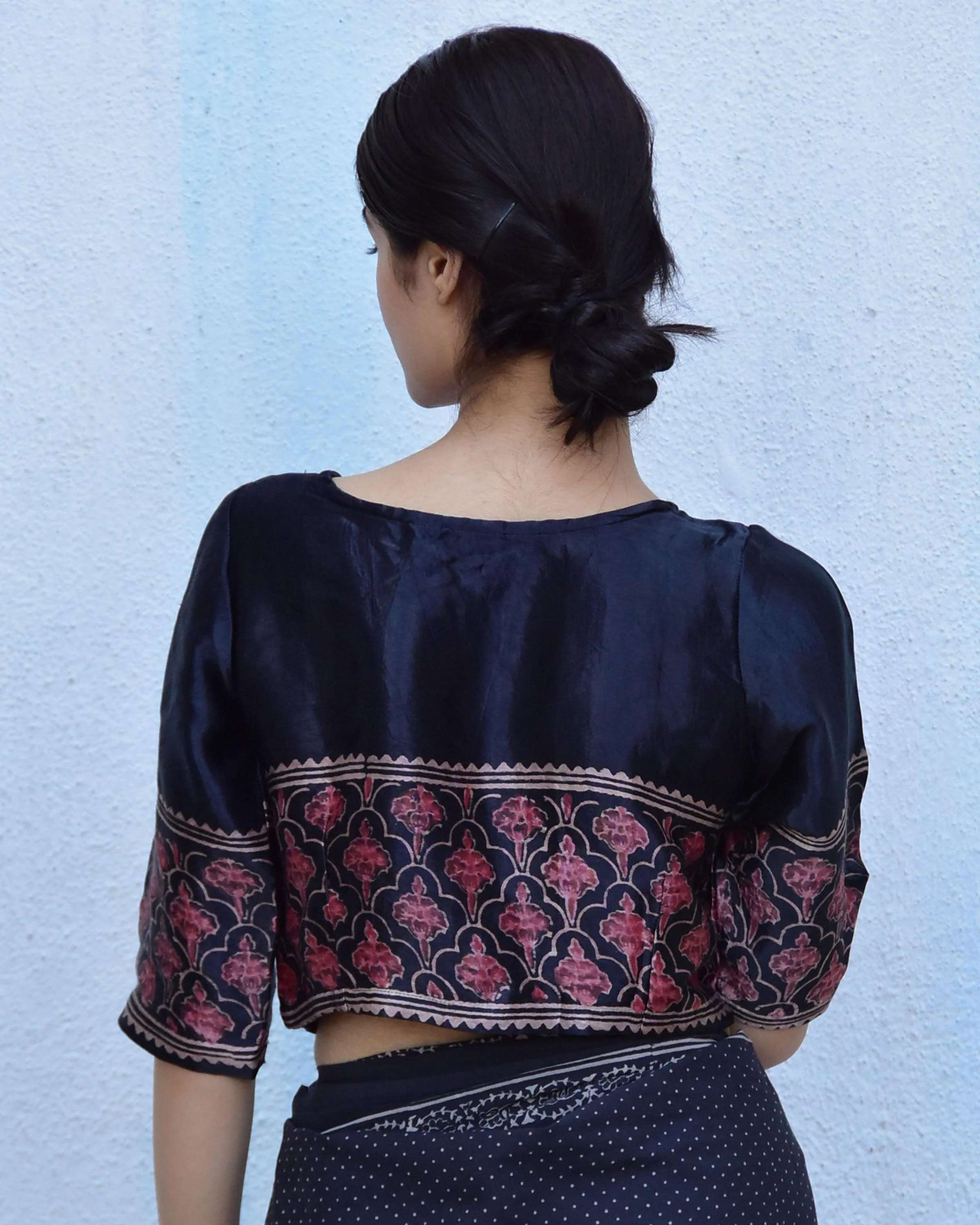 Black Blockprinted Crop Top Mashru Silk Blouse - Image 9
