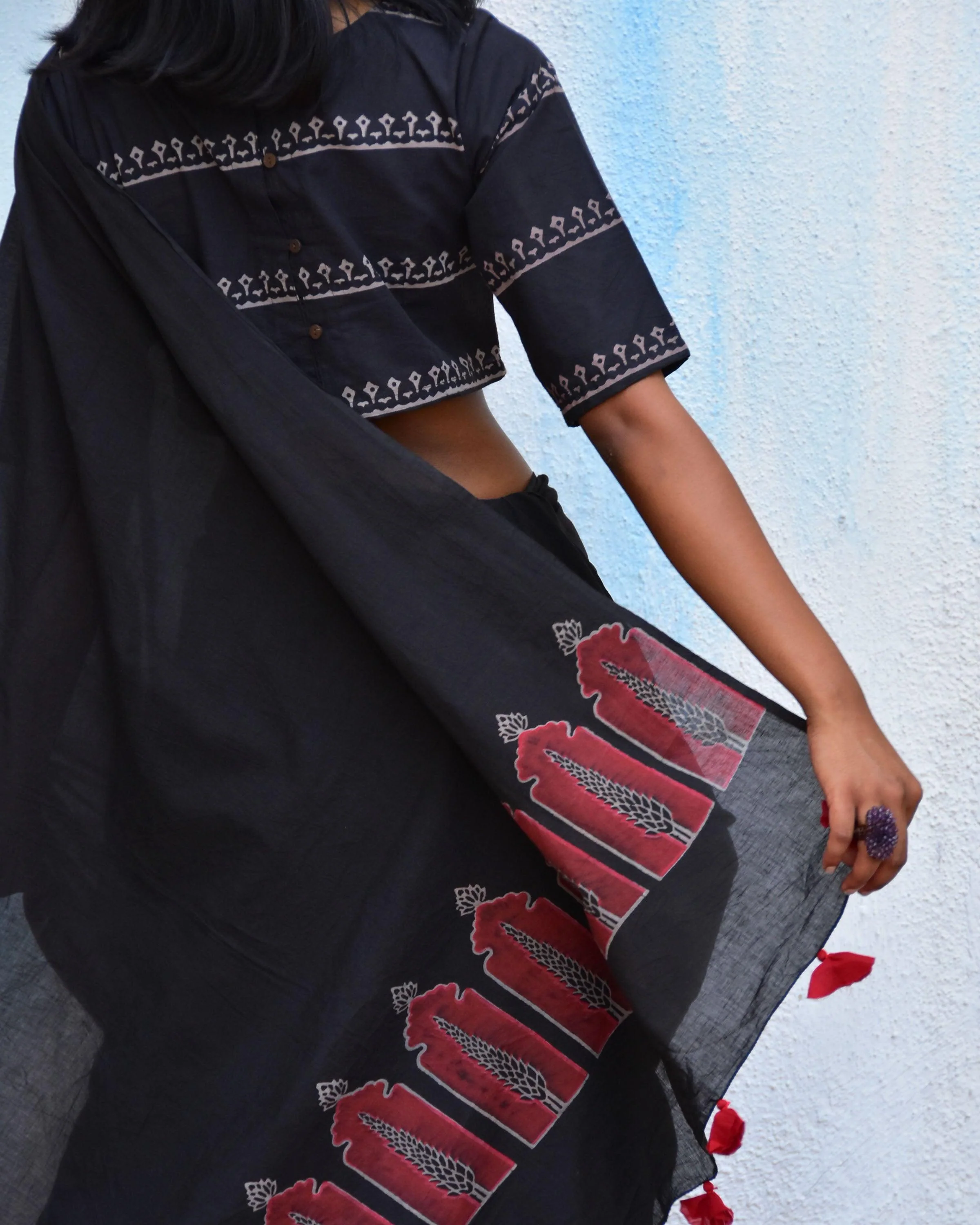 Black Blockprinted Crop Top Cotton Blouse - Image 6