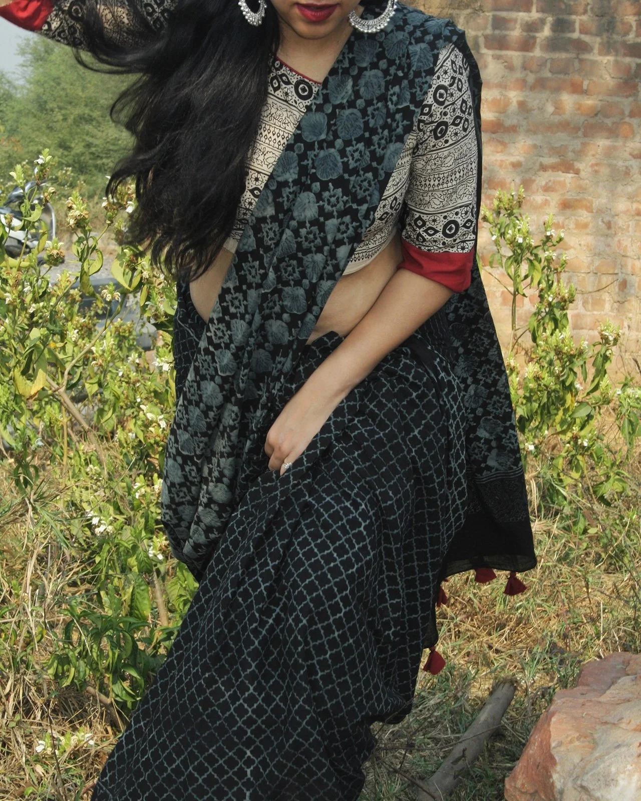 Black Block Printed Cotton Mul Saree - Image 2