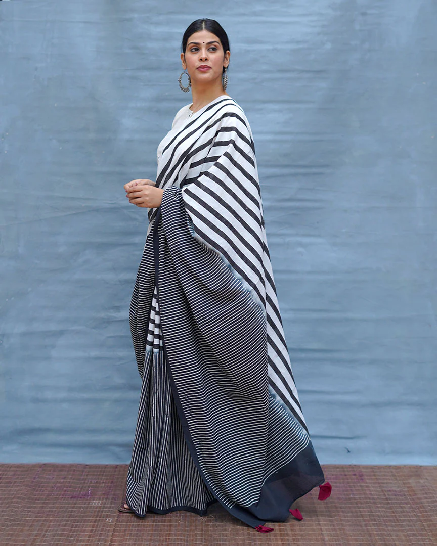 Black or White Handblock Print Cotton Saree - MIS - Image 8