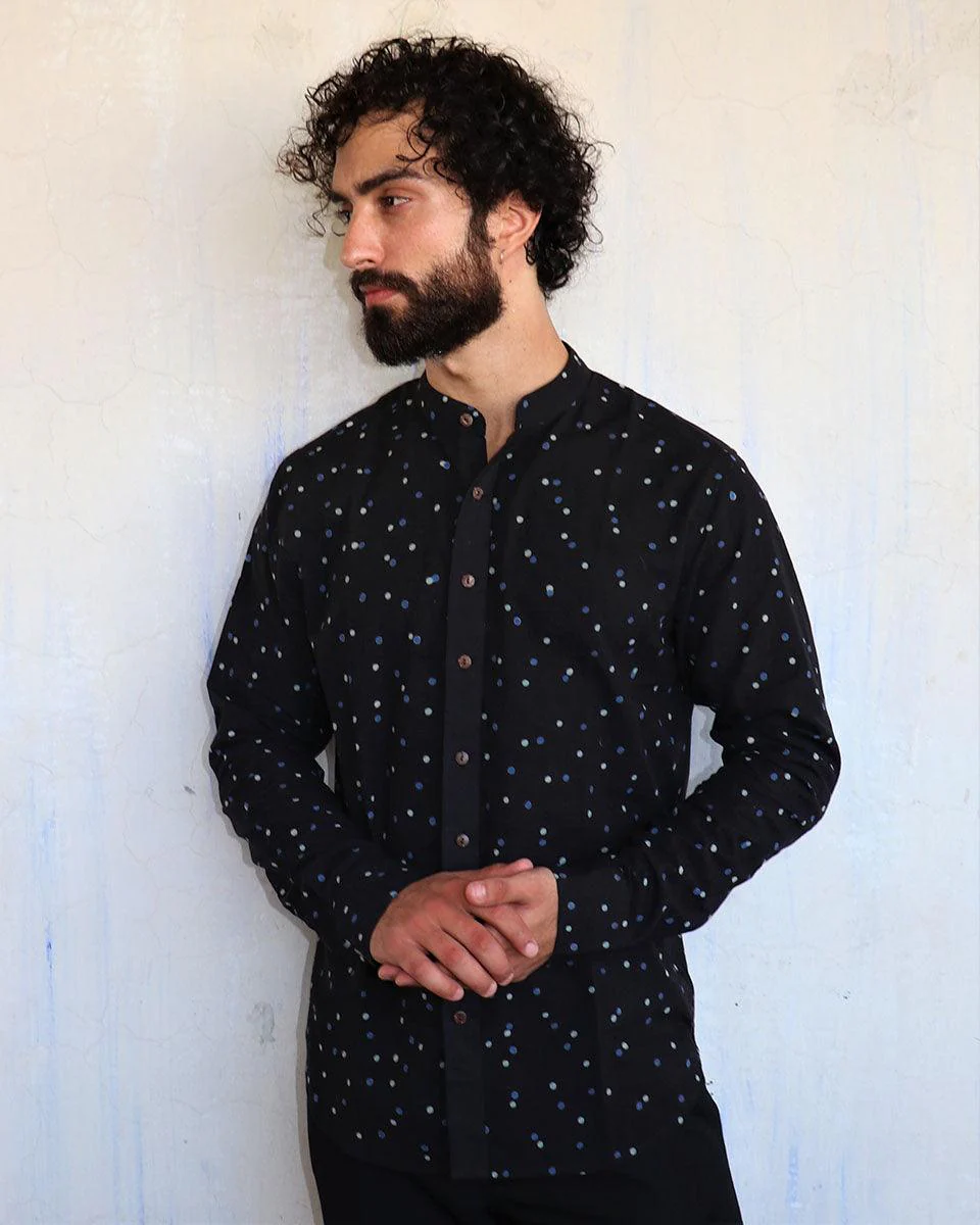 Black Polka Dots Blockprinted Men'S Shirt - Image 5