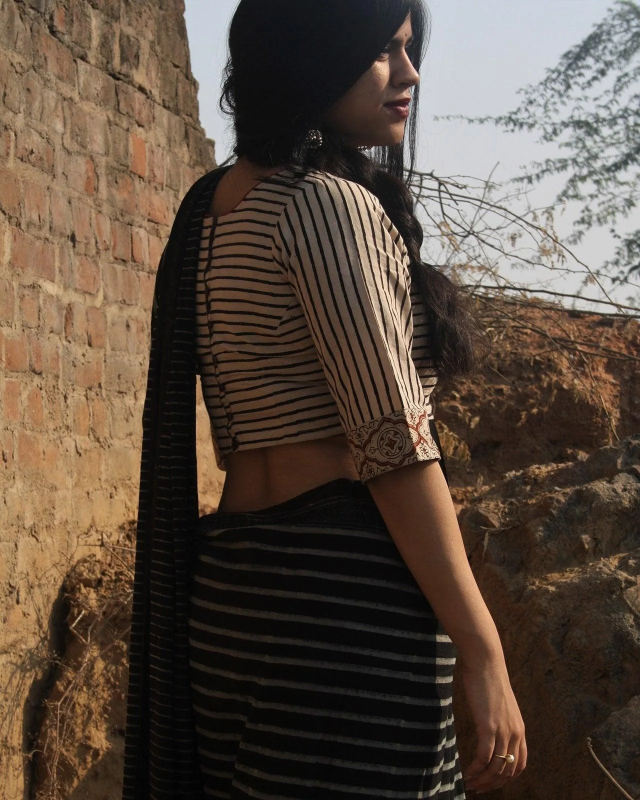 Black Block Printed Cotton Mul Saree - Image 3