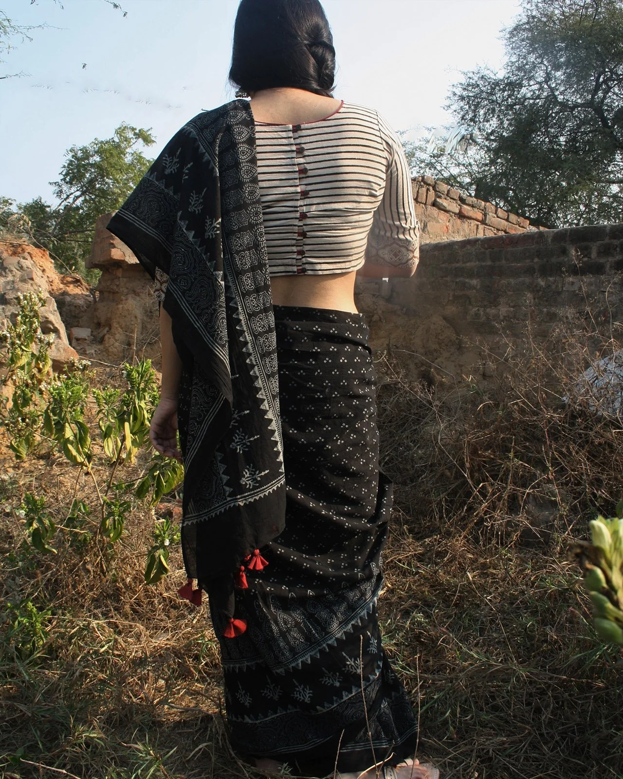 Black Block Printed Cotton Mul Saree - Image 2