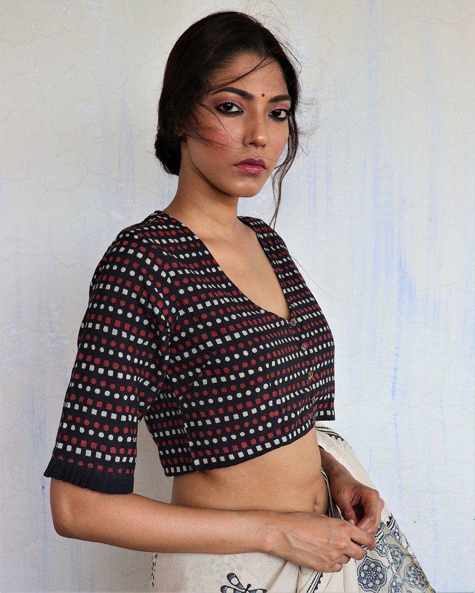 Black Tribe Handprinted Crop Top Cotton Blouse - God - Image 2