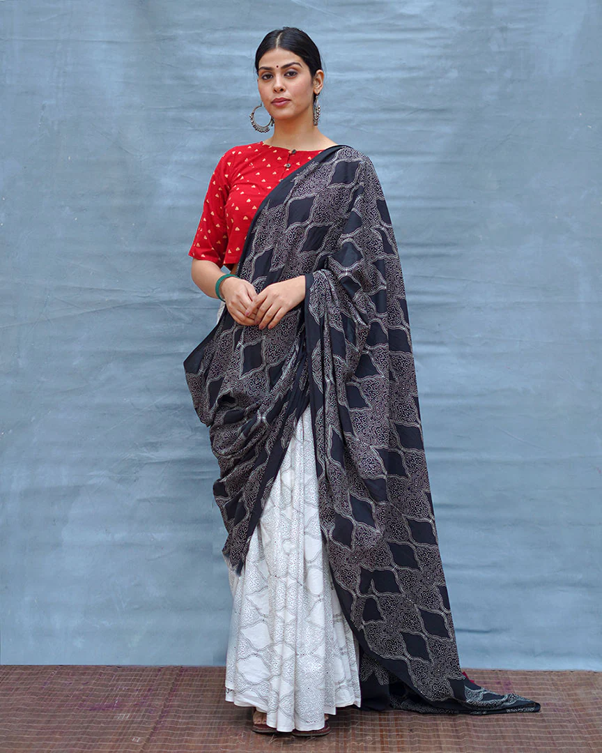 Black & White Tale Handblock Print Cotton Saree - MIS
