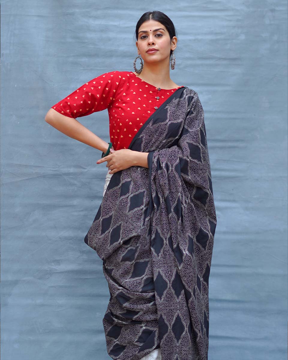 Black & White Tale Handblock Print Cotton Saree - MIS - Image 11
