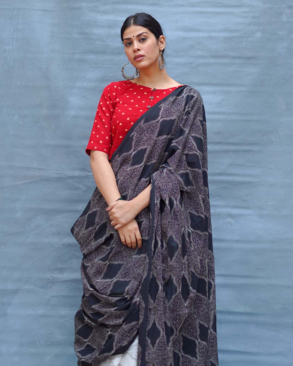 Black & White Tale Handblock Print Cotton Saree - MIS - Image 12