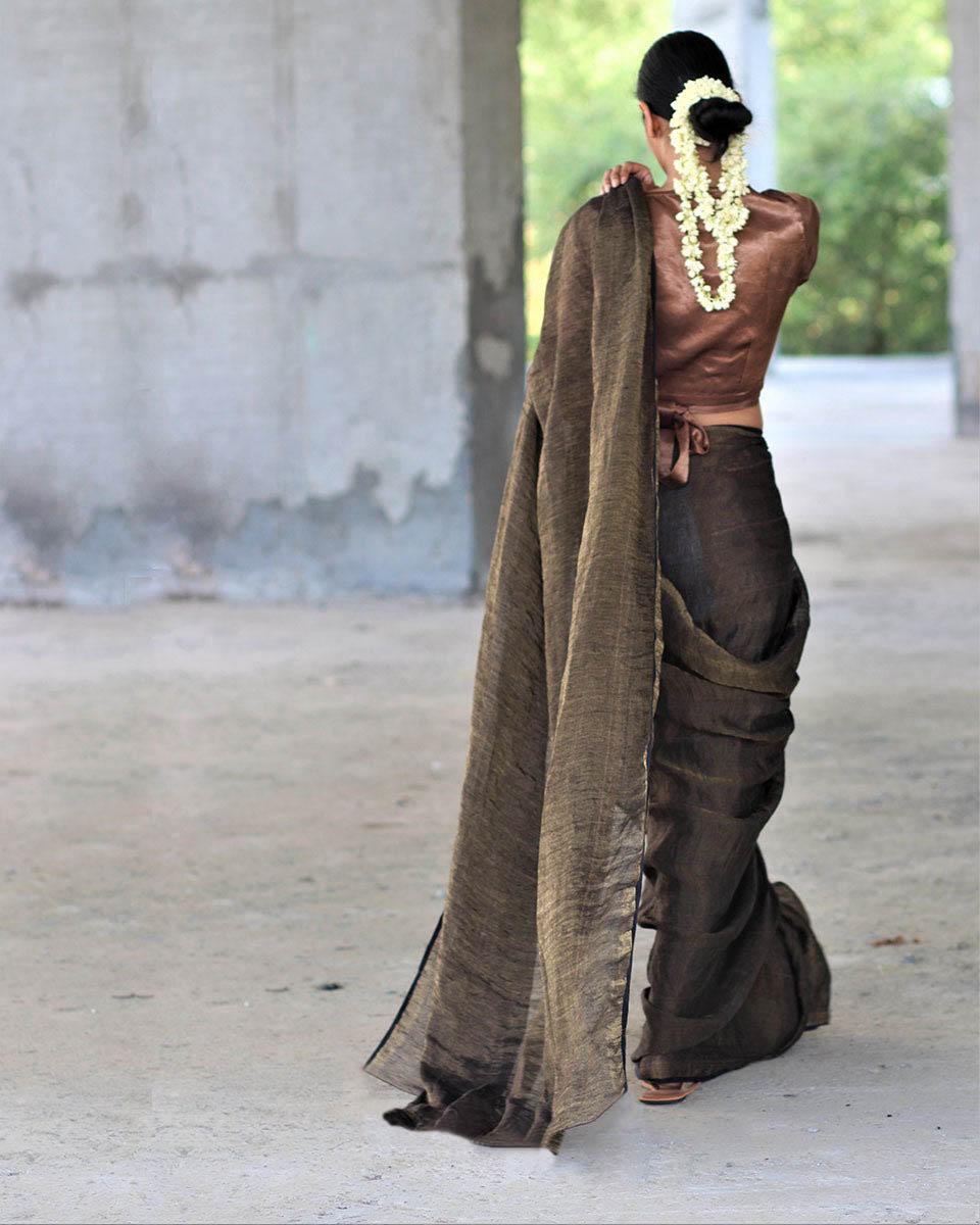 Black Zari Pure Handwoven Linen Saree-Manjari - Image 7