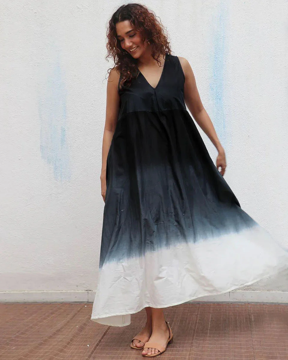 Blackberry Matcha Handblock Printed Cotton Dress - Mono - Image 13