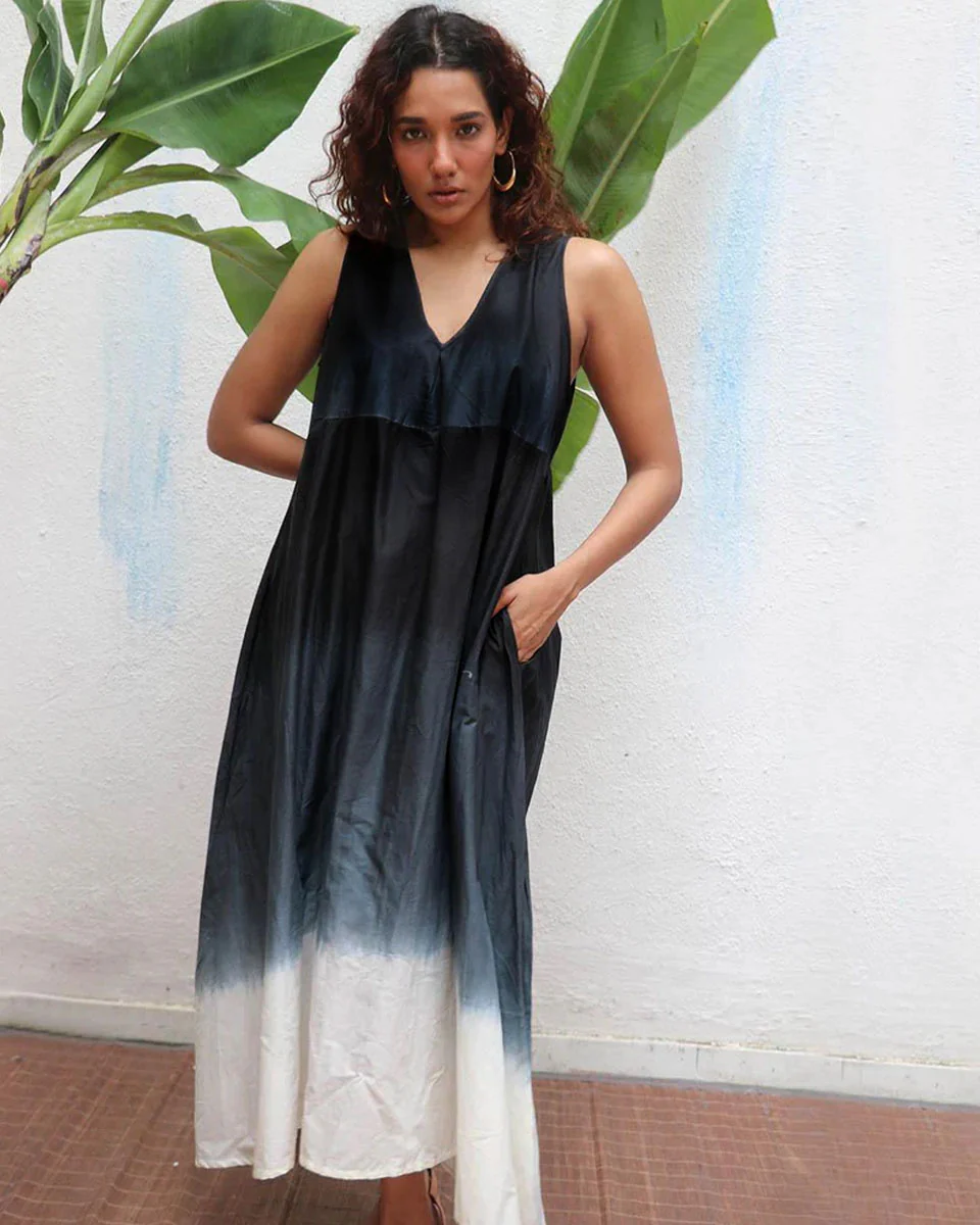 Blackberry Matcha Handblock Printed Cotton Dress - Mono - Image 2