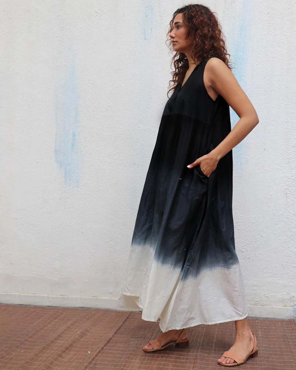 Blackberry Matcha Handblock Printed Cotton Dress - Mono - Image 5