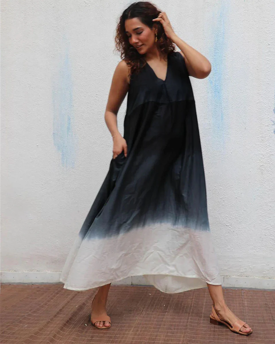 Blackberry Matcha Handblock Printed Cotton Dress - Mono - Image 7