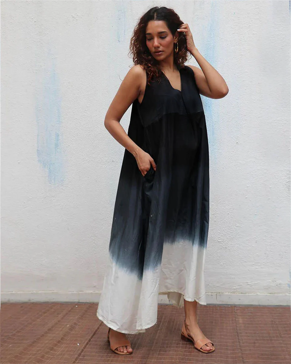 Blackberry Matcha Handblock Printed Cotton Dress - Mono - Image 8